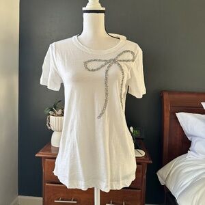 NWT Ann Taylor Loft White Tee with Beaded Bow Design - Sz. S